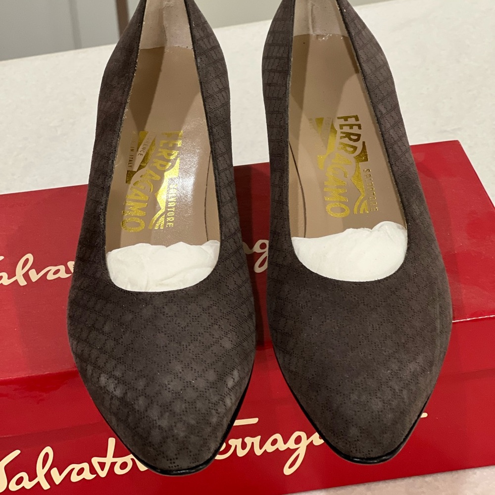 Salvatore Ferragamo Brown Quilted Heels with Classic Rounded Toe